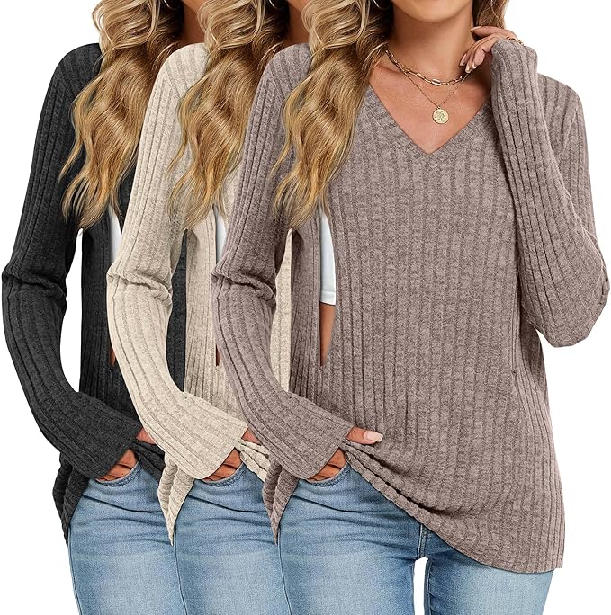 3 Pack Women's Maternity Nursing Tops, V Neck Breastfeeding Sweaters Long Sleeve Hidden Zipper Shirts