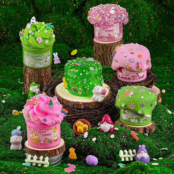 LAWOHO 6 Packs Bunny Pink Slime Kit -Cloud Clear Butter Slimes with Easter Charms & Add-ins, Soft Fluffy Slimes Kits for Girls & Boys, 360ml Pink & Green Easter Slime Making Kit Party Favor for Kids