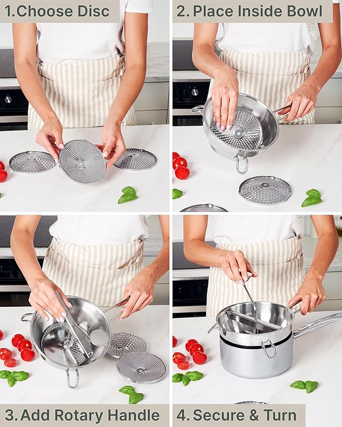Ergonomic Food Mill Stainless Steel With 3 Grinding Discs - Rotary Food Mill for Tomato Sauce, Applesauce, Puree, Mashed Potatoes, Jams, Baby Food