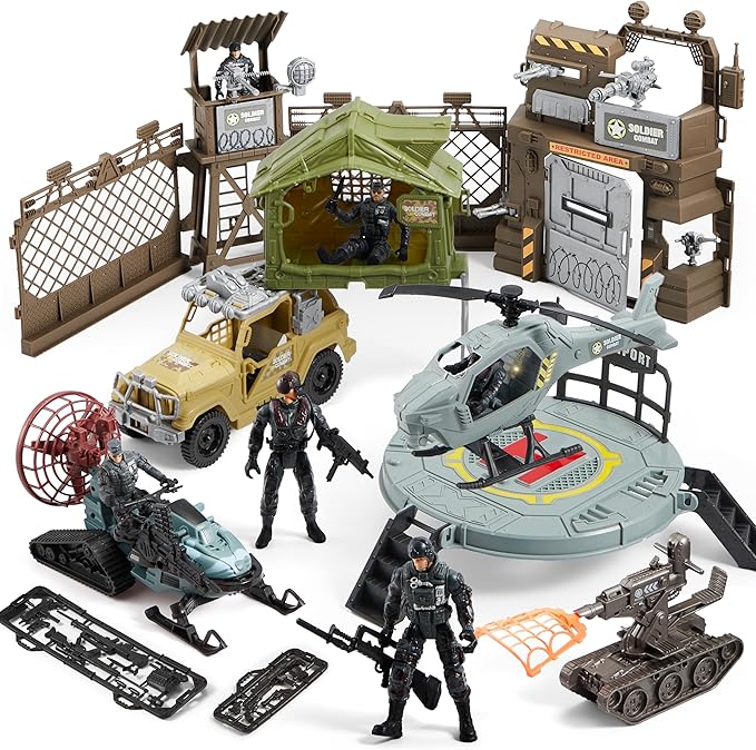 SYNCFUN Military Toy Set with Army Base, Vehicles, Action Figures & Weapon Accessories, Helicopter with Light & Sound - Christmas Birthday Gift for Kids Boys Girls
