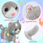Hopearl LED Musical Stuffed Kitty Lighting Up Singing Plush Cat Adjustable Volume Lullaby Animated Soothe Birthday Gifts for Kids Toddler Girls, Grey, 13.5''