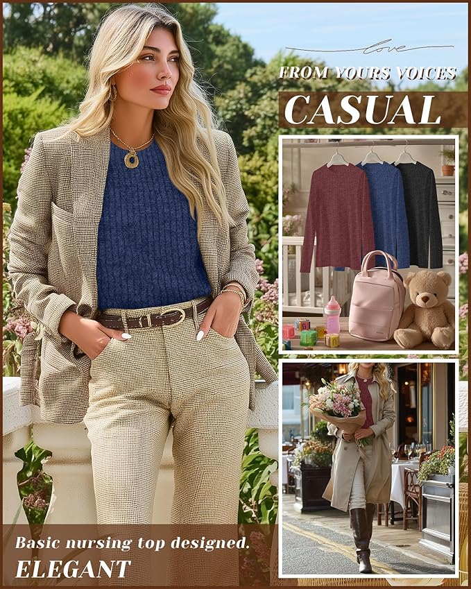 3 Pack Women's Nursing Long Sleeve Tops Breastfeeding Thermal Sweaters with Hidden Zipper Maternity Ribbed Shirts