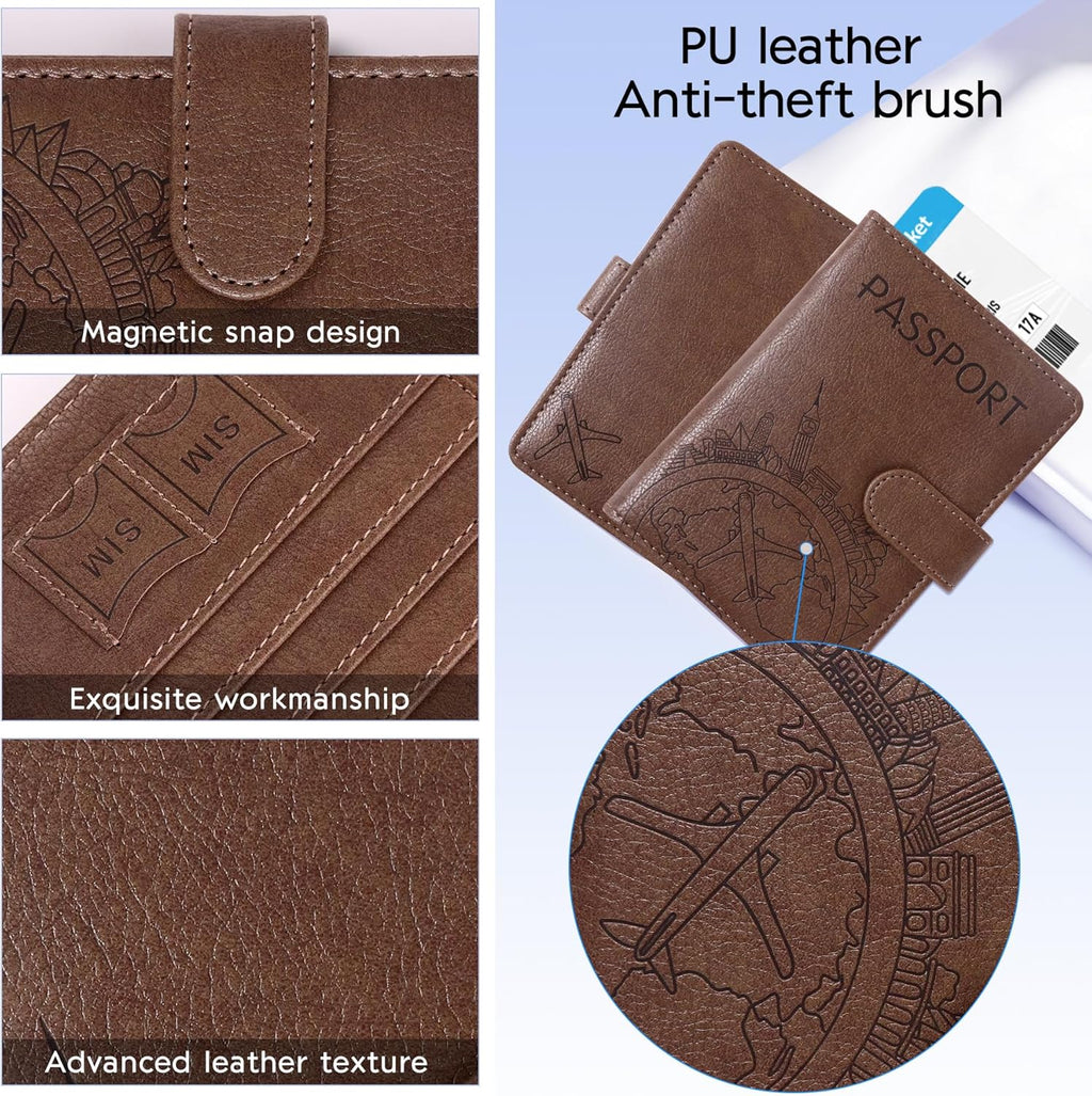 Passport Holder and Card Slot Combo RFID Blocking Leather Family Travel Passport Wallet Travel Accessories for Men Women US Passport Cover Protector (Travel blue)