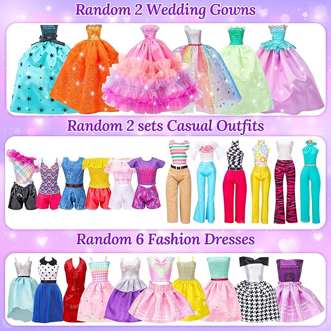 70 Pcs Doll Closet with Clothes & Accessories Including 2 Wedding Gowns 6 Fashion Dresses 2 Casual Outfits 2 Swimsuit 10 Shoes 20 Hangers 27 Accessories,Dress up Toys for Girls Kids Gifts