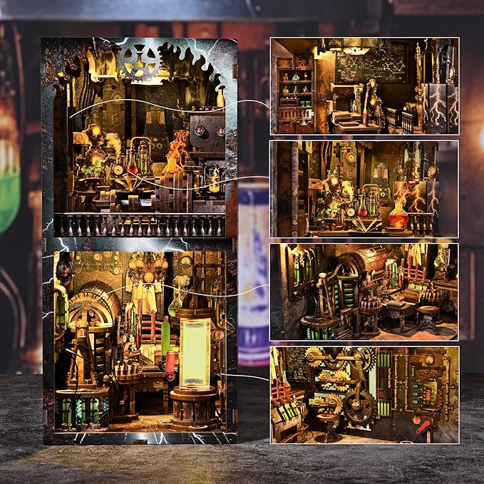 Book Nook Kit - DIY Miniature House Dollhouse Kit for Adults and Teens, Steampunk Booknook Tiny House Bookshelf Decor 3D Wooden Puzzle (Mad Scientist Lab)