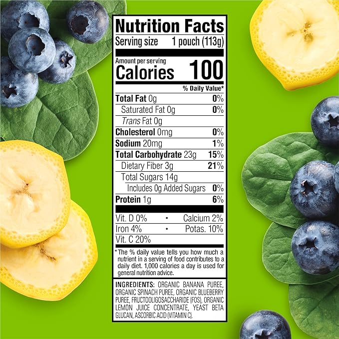 HAPPYTOT Organics Stage 4 Baby Food Pouches, Gluten Free, Vegan Snack, Super Bellies, Fruit & Veggie Puree, Banana, Spinach & Blueberries 4 Ounce (Pack of 16)