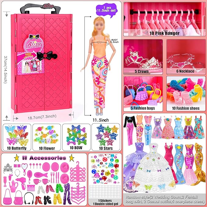 iBayda 139pcs 11.5-inch Fashion Doll and Wardrobe Playset: Wedding Dress, Outfits, Shoes, Bags, Necklace, DIY Stickers Accessories