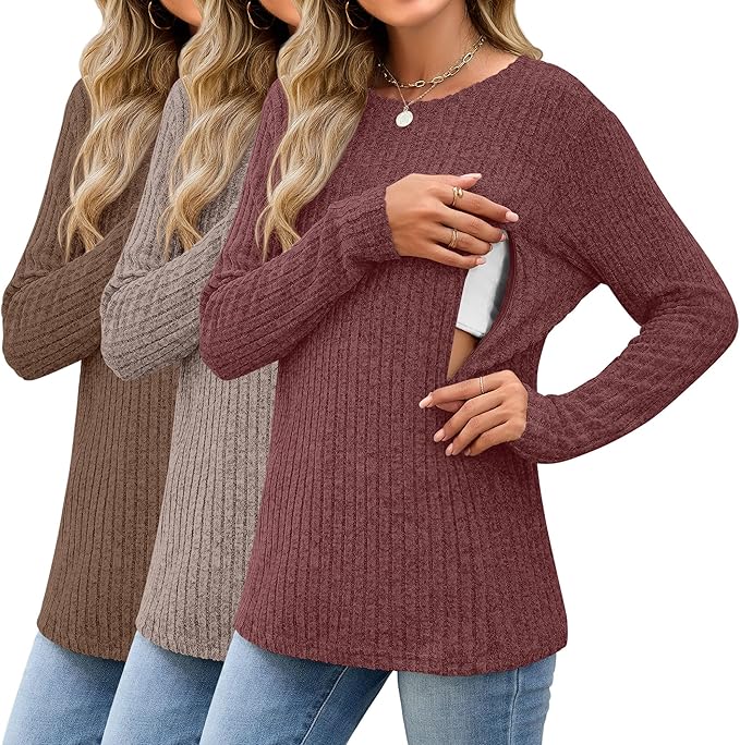 3 Pack Women's Nursing Long Sleeve Tops Breastfeeding Thermal Sweaters with Hidden Zipper Maternity Ribbed Shirts