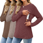 3 Pack Women's Nursing Long Sleeve Tops Breastfeeding Thermal Sweaters with Hidden Zipper Maternity Ribbed Shirts