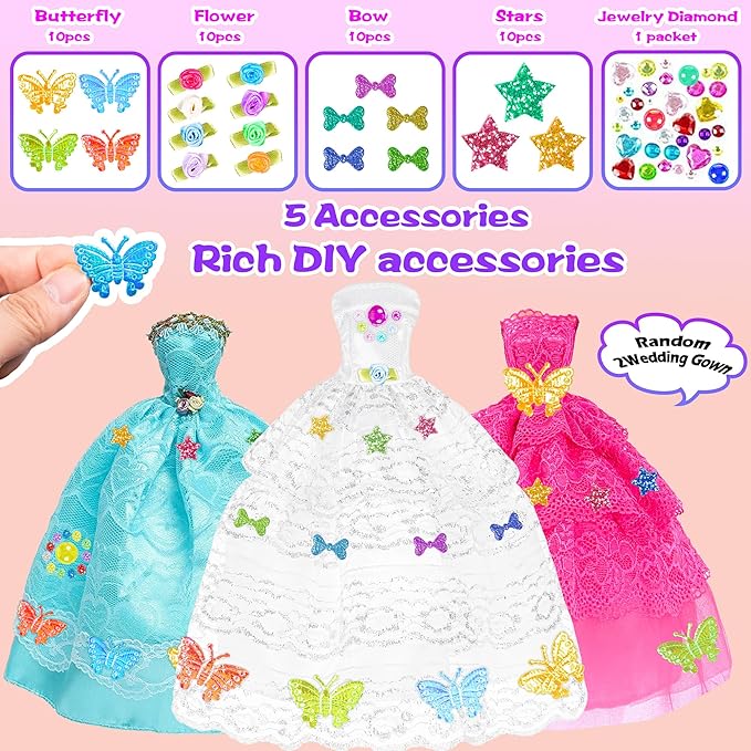 iBayda 139pcs 11.5-inch Fashion Doll and Wardrobe Playset: Wedding Dress, Outfits, Shoes, Bags, Necklace, DIY Stickers Accessories