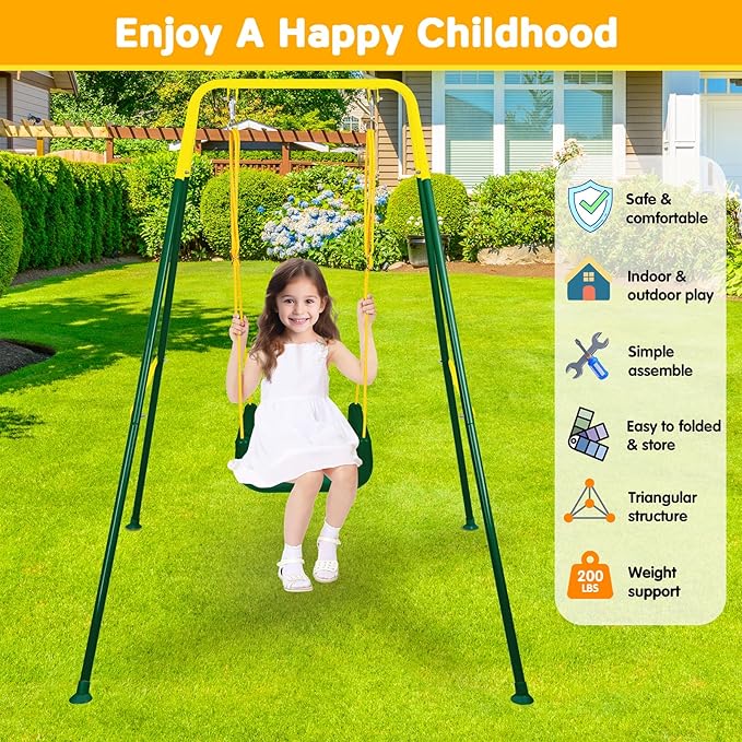 4 in 1 Toddler Swing Set & Baby Jumper, Heavy Duty Kids Swing with Bouncer, Foldable Metal Stand for Indoor & Outdoor, Easy Install & Store (Dark Green)