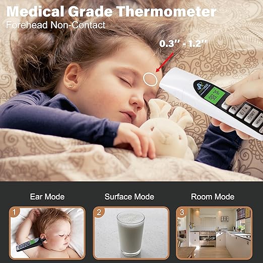 Amplim Baby Thermometer | 3-in-1 Accurate Infrared Thermometer for Ear, Forehead & Touchless, Fever Thermometer for Baby, Infants, Toddlers, Kids & Adults | White Base Stand & Clock