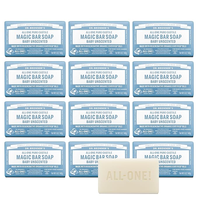 Dr. Bronner's Pure-Castile Magic Bar Soap (Baby Unscented, 5 Ounce, 12-Pack) - Made with Regenerative Organic Certified Oils, Gentle for Sensitive Skin & Babies, Non-GMO, Vegan