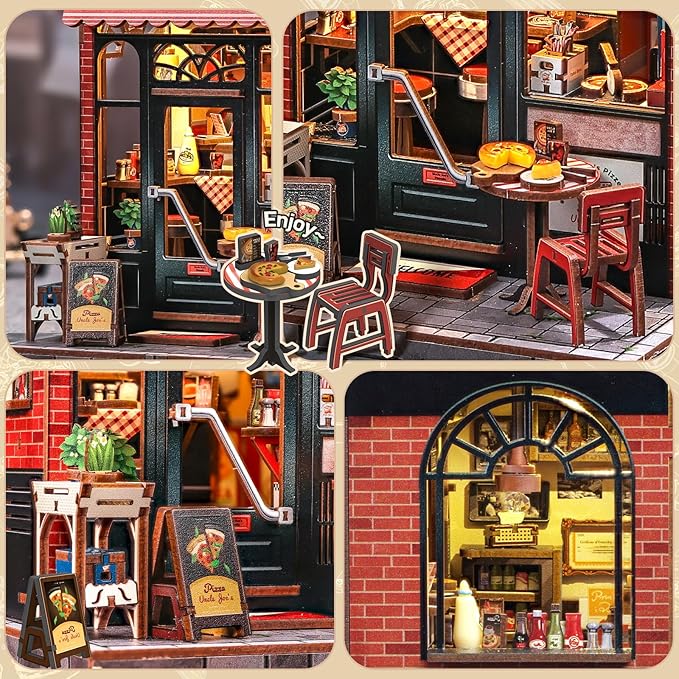 CUTEBEE Book Nook Kit - DIY Miniature House Dollhouse Kit for Adults and Teens, Booknook Tiny House Pizza Shop Bookshelf Decor 3D Wooden Puzzle, Gifts for Family, Friends (Uncle Joe's Pizzeria)
