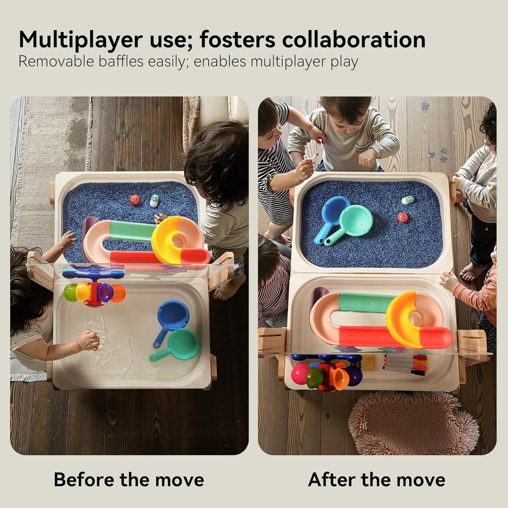 bopoobo Sand and Water Table for Toddlers, 4 in 1 Kids Wooden Sensory Activity Table with 2 Storage Bins, Painting Acrylic Board, Slide Track Toy & Windmill Suction Cups Toy, Beach Accessories