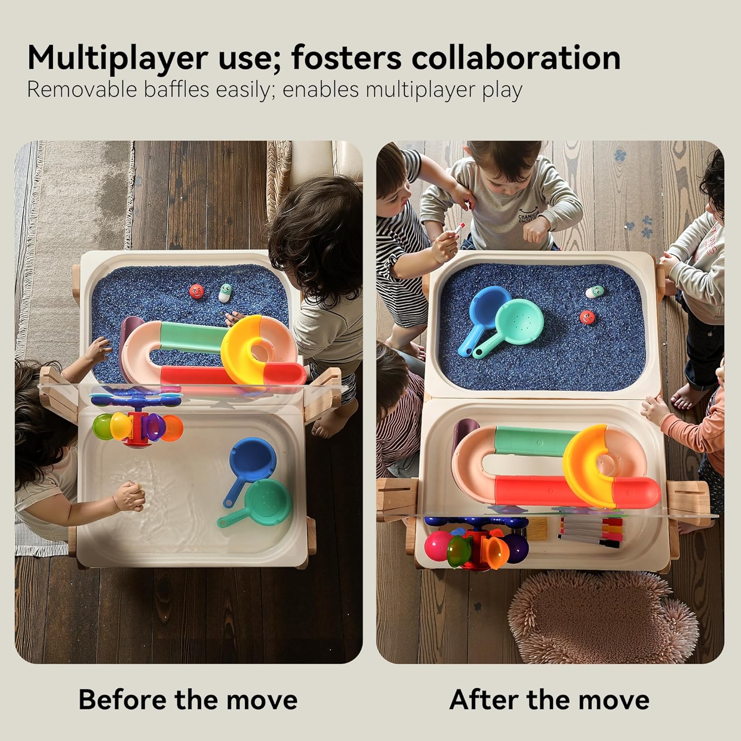 bopoobo Sand and Water Table for Toddlers, 4 in 1 Kids Wooden Sensory Activity Table with 2 Storage Bins, Painting Acrylic Board, Slide Track Toy & Windmill Suction Cups Toy, Beach Accessories