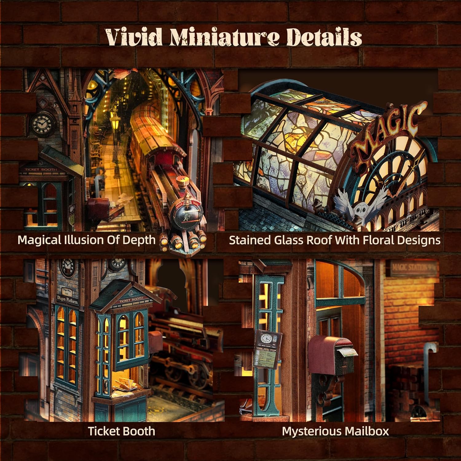 LED 3D Puzzle Magic Station Book Nook Kit - Interactive 3D Wood Puzzle LED Magical Miniature with Infinite Extension Space - DIY Bookshelf Insert Decor Gifts