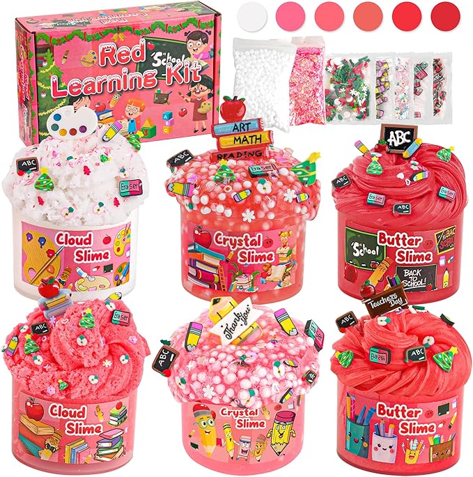 LAWOHO 6 Packs Slime Kit, Back to School Slime Gifts for Kids, Red Learning Themed Slime with Cloud Butter Clear Textures, Birthday Party Favors Goodie Bags Stuffer Anxiety Stress Relief Toys