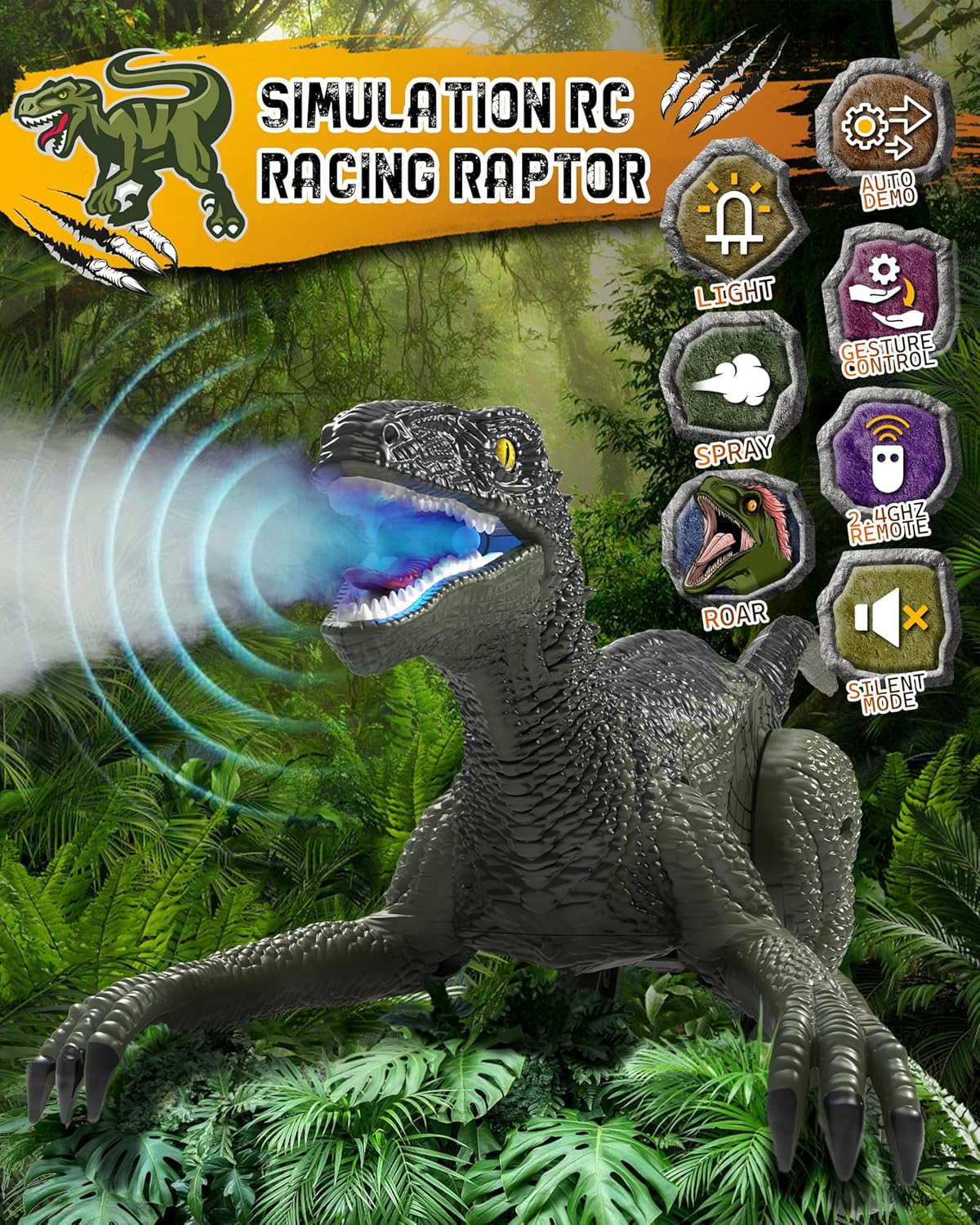 Eulogia RC Dinosaur Car for Kids, Walking Dinosaur Toy with 2-in-1 Remote, Gesture-Sensing & Remote Control Dino Car with Light, Spray, Roaring Sound, Robot Dino Pet Toys Gift for Boys Girls