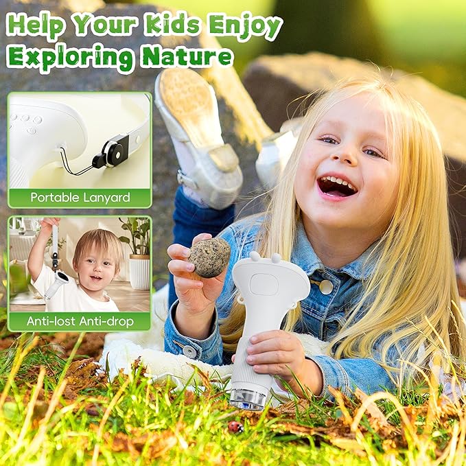 Kids Microscope, Ahalfcit 2 Inch Screen 1000X Zoom Portable Camera Microscope - Science Educational Toys Gift for 3-12 Years Old Boys Girls -White