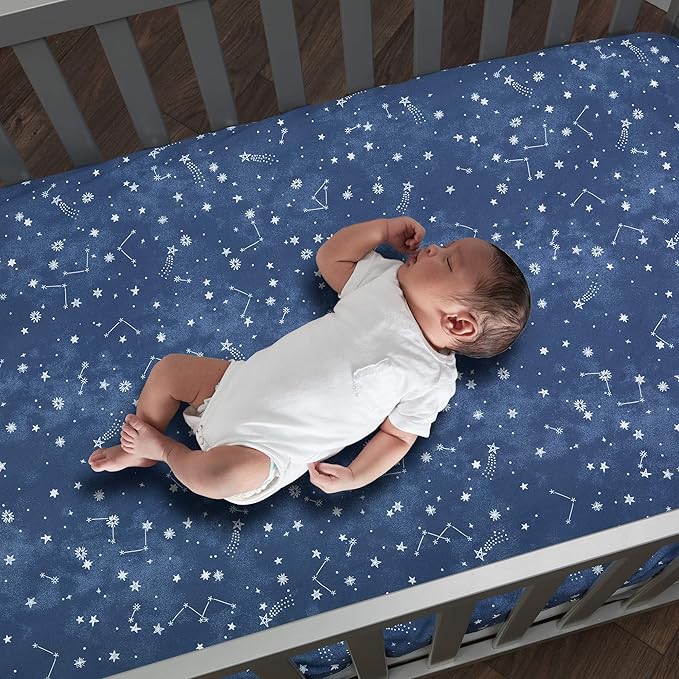 Lambs & Ivy Sky Rocket Blue Stars/Galaxy/Space 100% Cotton Fitted Crib Sheet