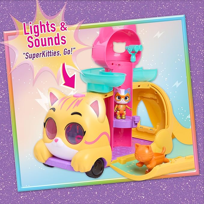 Disney Junior SuperKitties Purr ‘N’ Go Lights and Sounds Playset, 10 Pieces, Articulated Figures