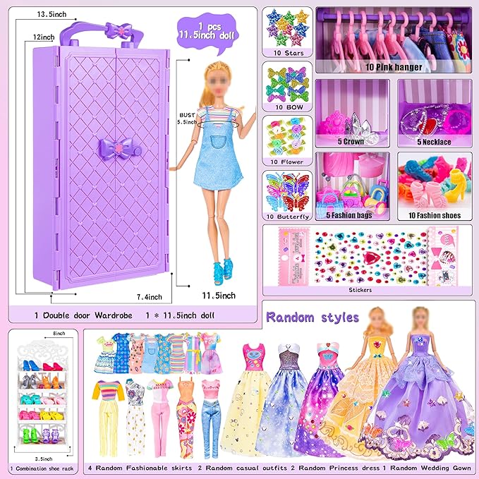 91pcs 11.5 Inch Girl Doll with Clothes, Accessories and Closet - Princess Gowns, Fashion Dresses, Outfits, Swimsuits, Shoes, Hangers - Dress Up Toys for Girls, Kids, Toddlers (Doll Included)