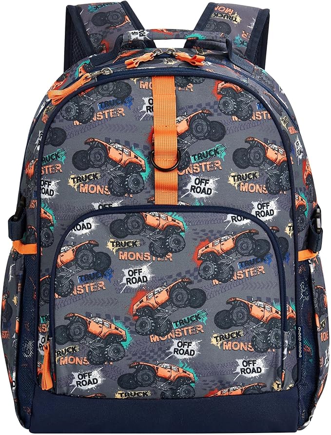 Choco Mocha Truck Backpack for Boys, Elementary School Backpack for Boys Ages 6-8 Kids Kindergarten Backpack Bookbag 17 Inch with Chest Strap, Orange