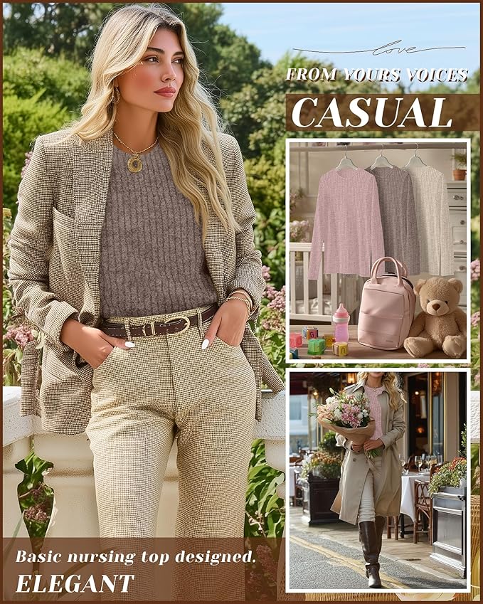 3 Pack Women's Nursing Long Sleeve Tops Breastfeeding Thermal Sweaters with Hidden Zipper Maternity Ribbed Shirts