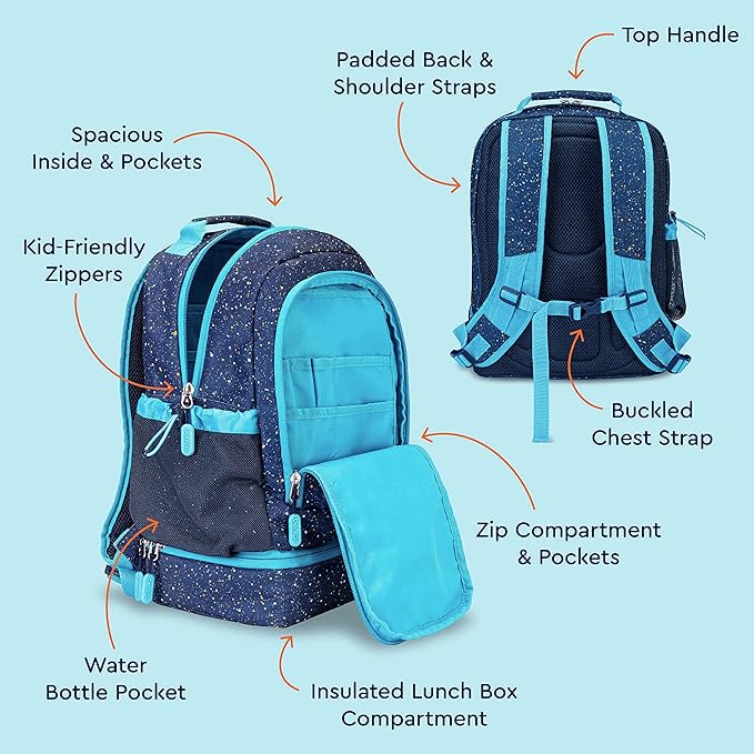 Bentgo Kids 2-in-1 Backpack & Insulated Lunch Bag - Confetti Designed 16” Backpack for School & Travel -, Durable, Water Resistant, Padded, & Large Compartments (Confetti Edition - Abyss Blue)