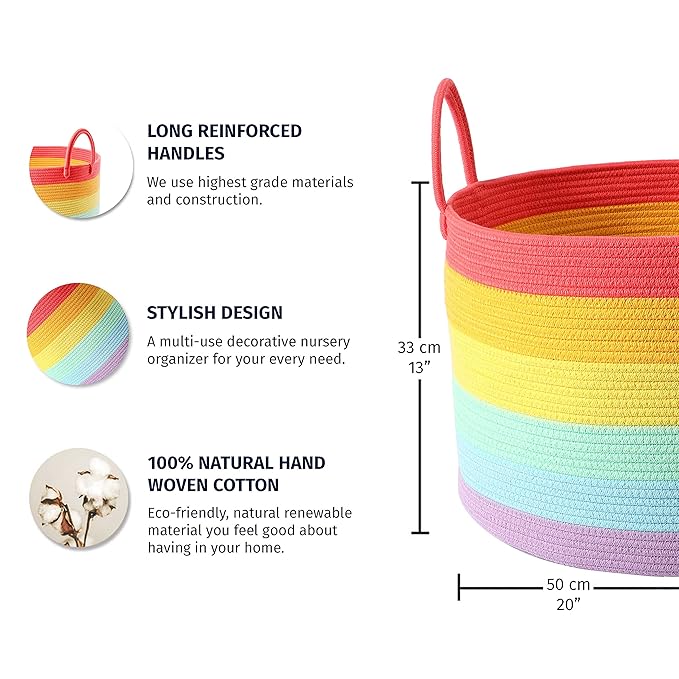OrganiHaus Large Blanket Basket for Living Room 20x13, Rainbow Rope Basket for Classroom Organization, Toy Storage Basket, Woven Kids Laundry Basket, Baby Toy Box, Cute Storage Basket, Nursery Hamper