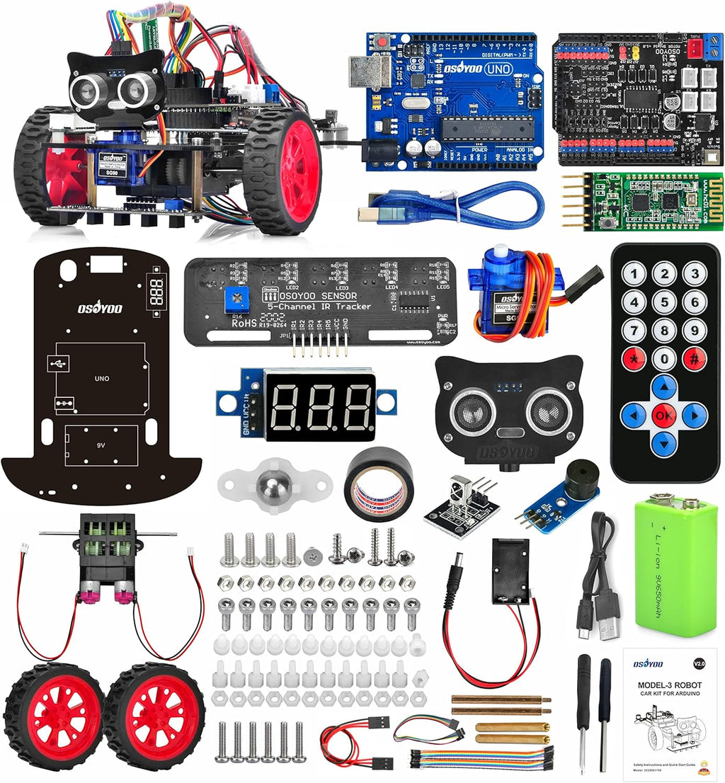 OSOYOO Model 3 Robot Car DIY Starter Kit for Arduino,Educational Motorized Robotics, Remote Control App, Learning How to Code, IOT Mechanical Coding for Teens and Adults