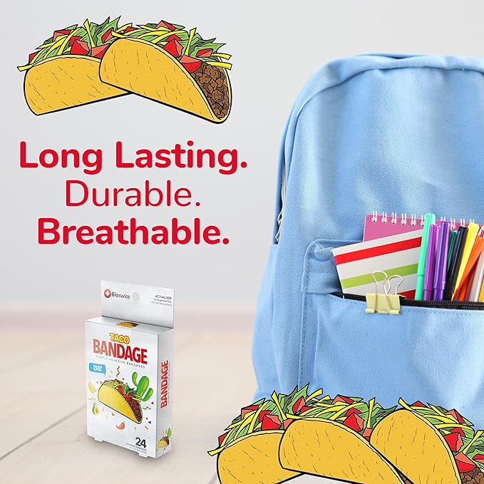 BioSwiss Bandages, Taco Shaped Self Adhesive Bandage, Latex Free Sterile Wound Care, Fun First Aid Kit Supplies for Kids, 24 Count