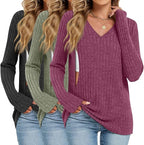 3 Pack Women's Maternity Nursing Tops, V Neck Breastfeeding Sweaters Long Sleeve Hidden Zipper Shirts