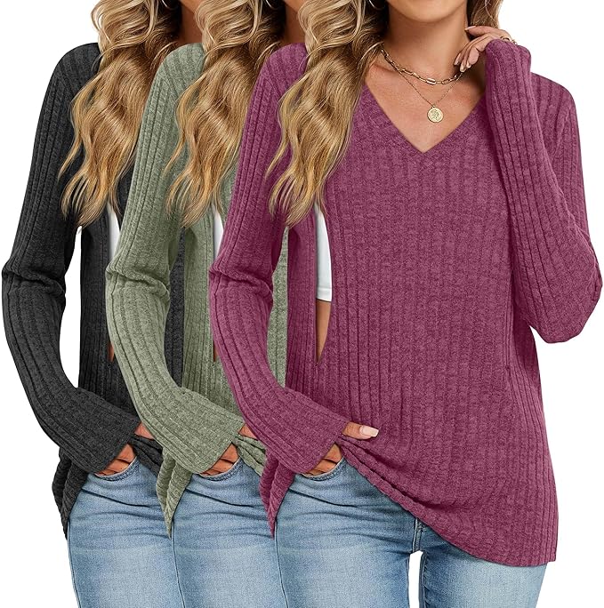 3 Pack Women's Maternity Nursing Tops, V Neck Breastfeeding Sweaters Long Sleeve Hidden Zipper Shirts
