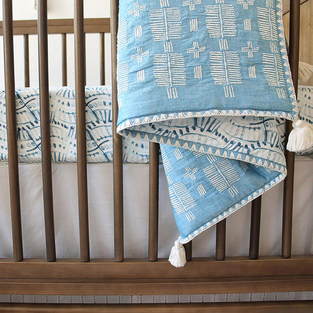 Crane Baby Soft Cotton Crib Mattress Sheet, Fitted Sheet for Cribs and Toddler Beds, Indigo Blue, 28”w x 52”h x 9”d