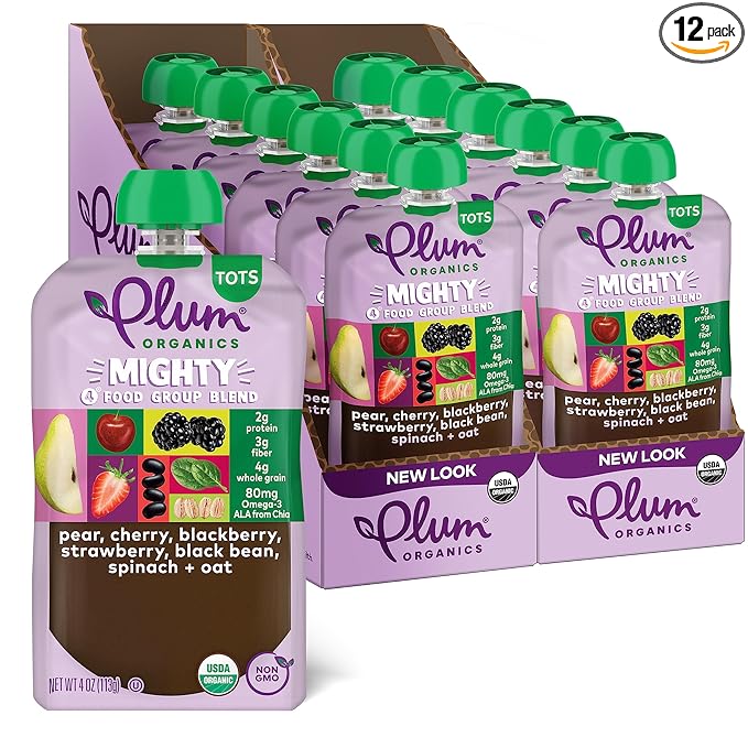 Plum Organics Mighty 4 Organic Toddler Food - Pear, Cherry, Blackberry, Strawberry, Black Bean, Spinach, and Oat - 4 oz Pouch (Pack of 12) - Organic Fruit and Vegetable Toddler Food Pouch
