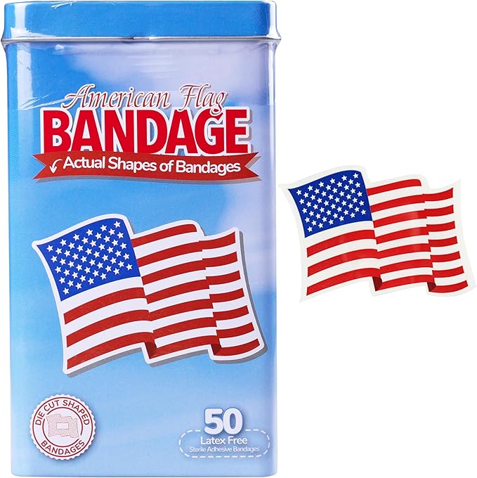 BioSwiss Bandages, American Flag Shaped Self Adhesive Bandage, Latex Free Wound Care, Fun First Aid Kit Supplies for Kids and Adults, 50 Count