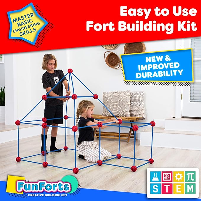 Power Your Fun Fun Forts Kids Tent - 81 Pack Fort Building STEM Toys Kit, Construction Toys Play Tent Indoor and Outdoor Playhouse for Kids with 53 Rods and 28 Spheres (Red, Blue)