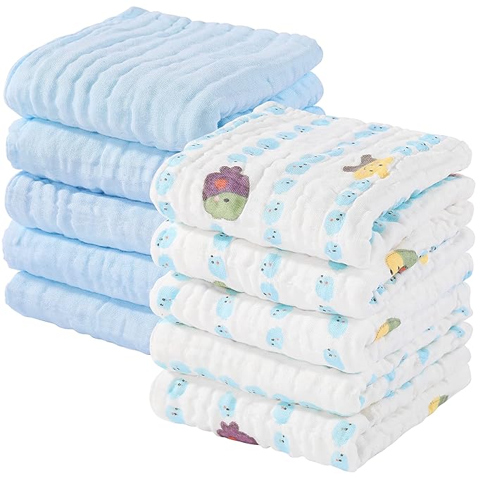 Yoofoss Muslin Baby Washcloths 100% Organic Cotton Face Towels 10 Pack Wash Cloths for Baby 12x12in Soft and Absorbent Baby Wipes (Multicolor)