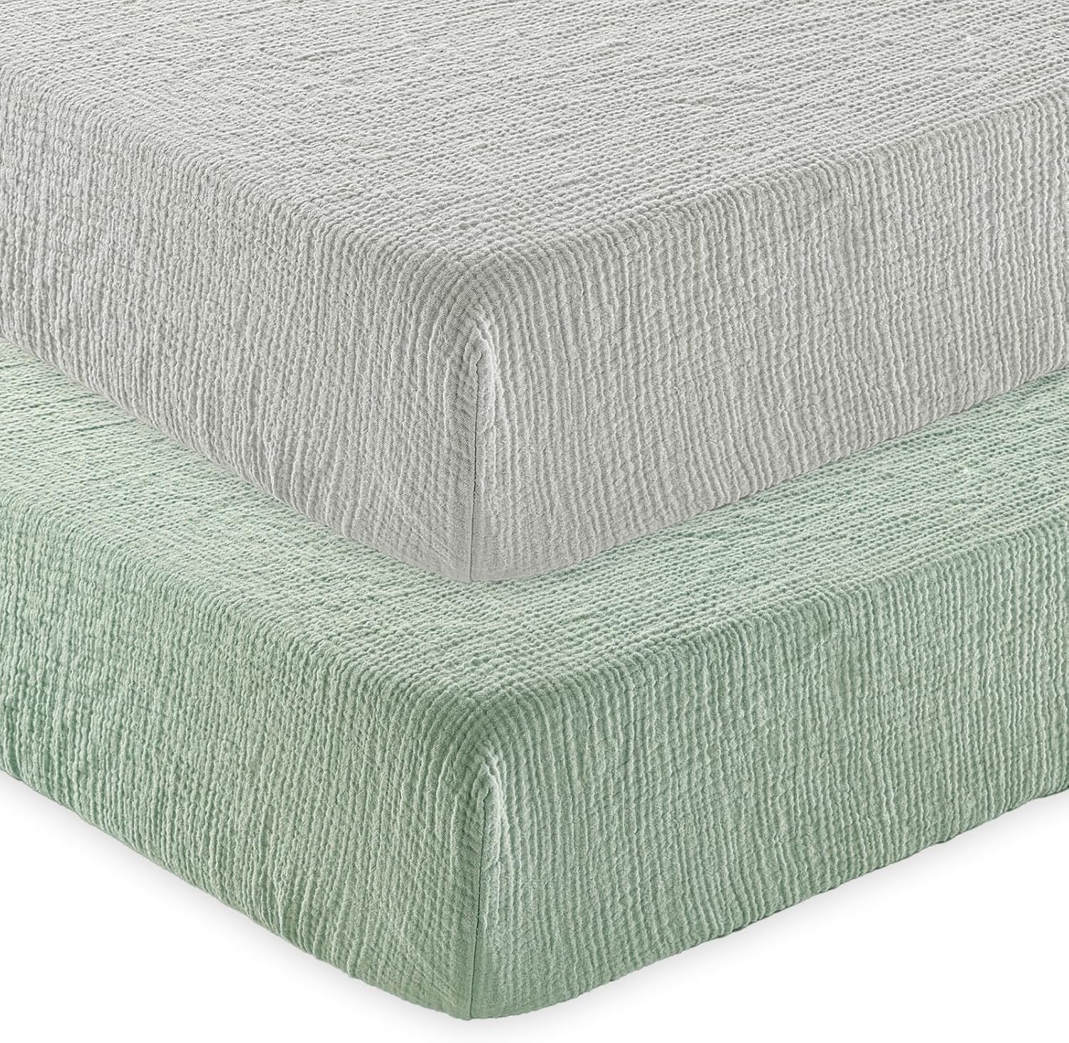david's kids Muslin Crib Sheets for Boys Girls, 2 Pack 100% Cotton Soft Breathable Fitted Baby Sheet Set, 28x52 Inch Fits Standard Crib and Toddler Mattresses, Light Gray & Sage Green
