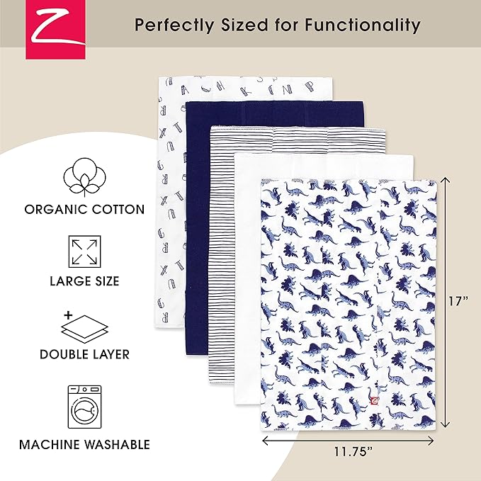 Zutano 5-Pack Organic Burp Cloths for Baby Girl & Boy, Large Cotton Burping Cloths for Babies | Absorbent Baby Spit-Up Rags | Gender Neutral Burp Clothes | Newborn Essentials, Dino Party