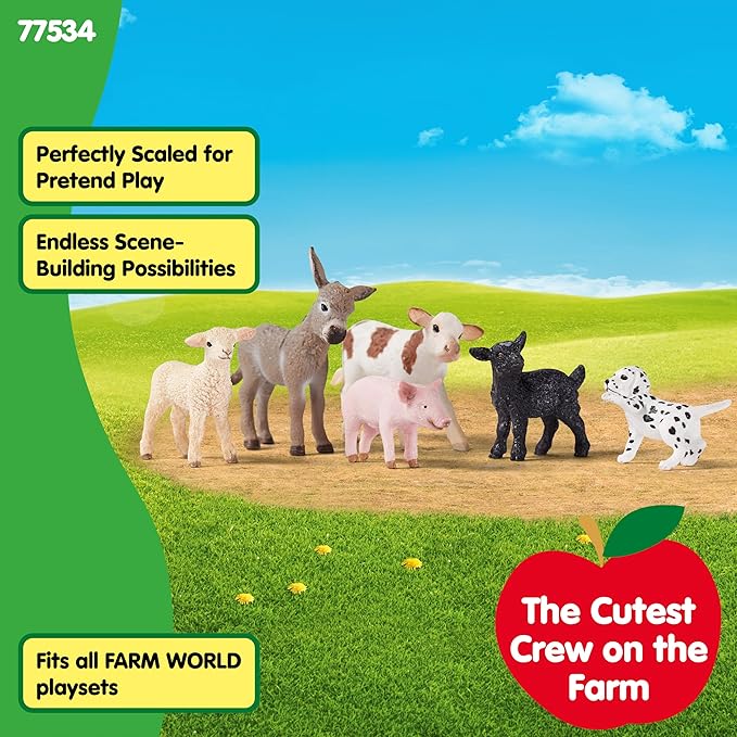 Schleich Farm World - 6 PC Baby Farm Animal Playset with Puppy, Lamb, Goat, Piglet, Calf and Donkey Toys - Realistic Barnyard Figurines - Fun Educational Figures for Kids and Toddlers Ages 3+