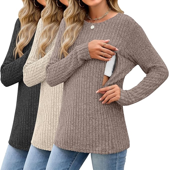 3 Pack Women's Nursing Long Sleeve Tops Breastfeeding Thermal Sweaters with Hidden Zipper Maternity Ribbed Shirts