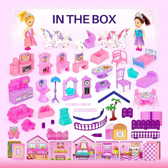 Dollhouse with 2 Princesses, 4 Unicorns, Dog, Furniture and Accessories - Pink and Purple Dream Doll House Toy for Little Girls - 5 Rooms w/Garden, Furniture and Accessories, Gift for Girls Ages 2-8