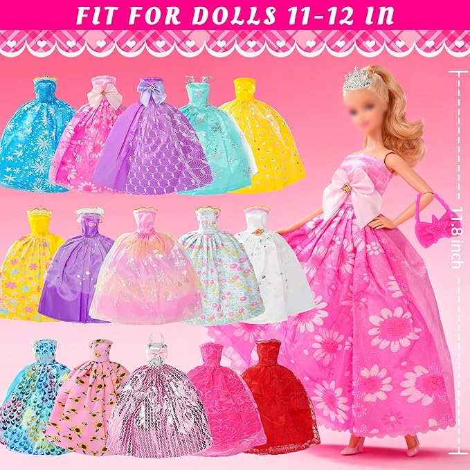 120Pcs Doll Clothes and Accessories, 5 Wedding Gowns 21 Dresses Including Evening Gowns, Fish Scale Skirts, Fashion Dresses, Swimsuits, Shoes, Hangers for Christmas Stocking Stuffers Girls Gift Age 3+