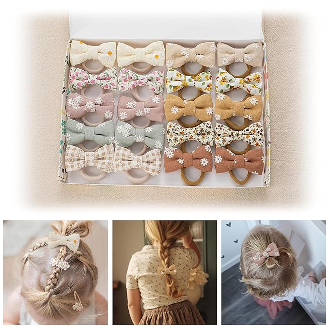 Baby Toddler Girls Hair Ties with Linen Bows Embroidered Flower,20 pcs No Damage Elastic Nylon Hair Bands Ponytail Holders,Small Hair Accessories Gifts for Girls Kids Children Thick Thin Hair