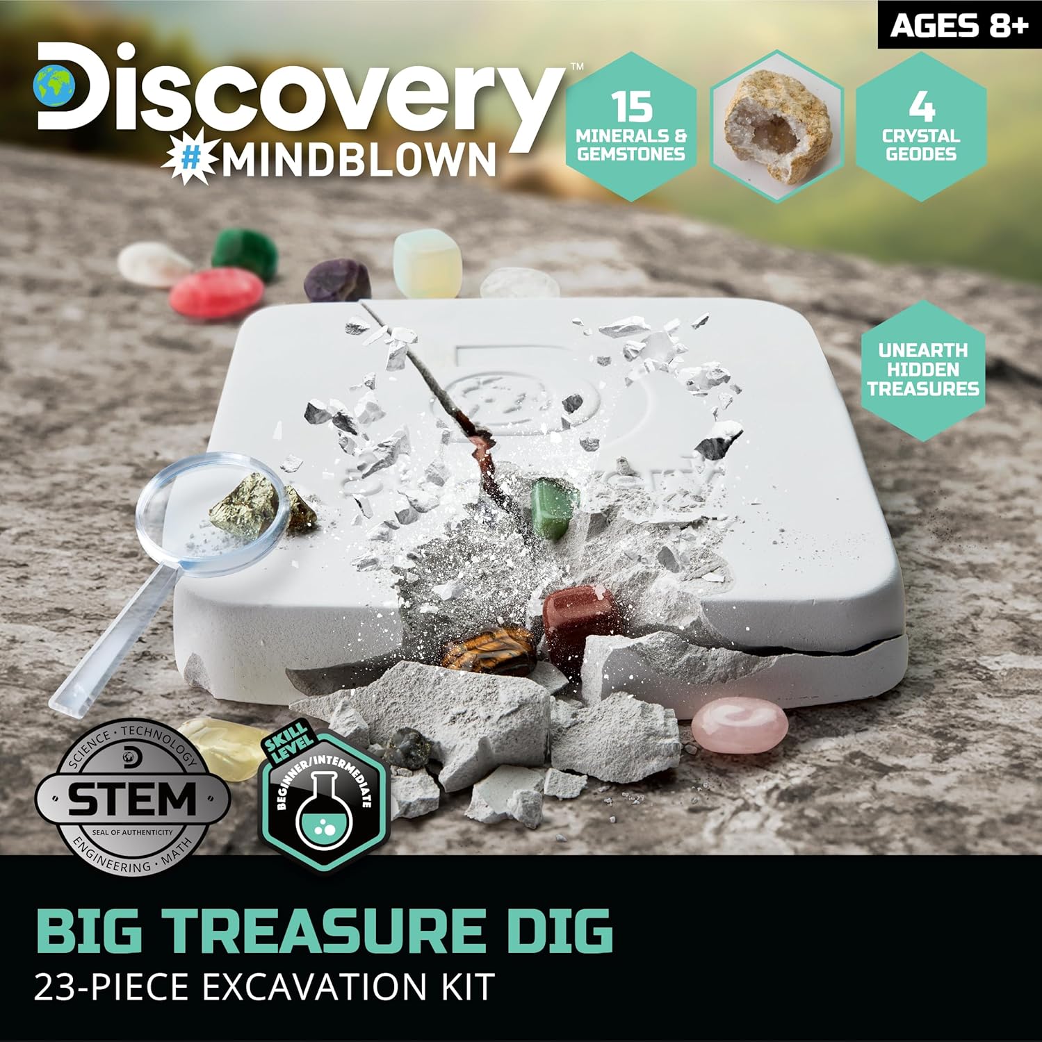 Discovery™ Big Treasure Dig STEM Kit – 23-Piece Excavation Set for Kids| Dig for 15 Gemstones, 4 Crystal Geodes & Pyrite Nuggets| Real Tools| Educational Geology Toy| Science Activity Gift| Ages 8+