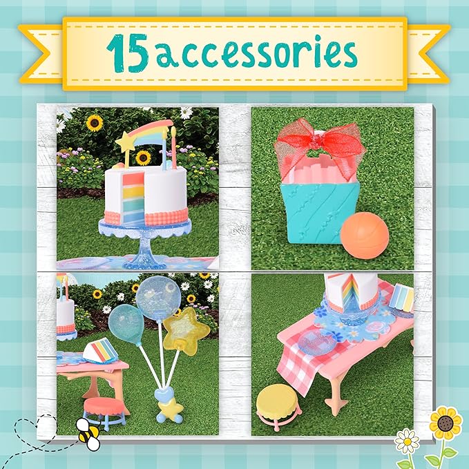 Honey Bee Acres Birthday Wishes Playset, 15 Piece Miniature Dollhouse Party Set with Cat Figure, Rainbow Cake, Balloons & Gift, Pretend Play Birthday Celebration for Kids Ages 3+