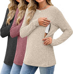 3 Pack Women's Nursing Long Sleeve Tops Breastfeeding Thermal Sweaters with Hidden Zipper Maternity Ribbed Shirts